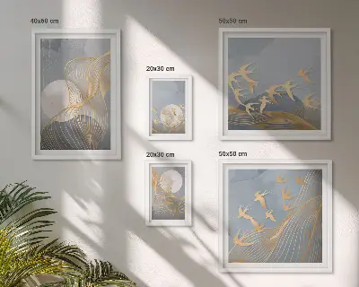 Modernes Wandbilder-Set mit abstrakten Wellen und Vögeln