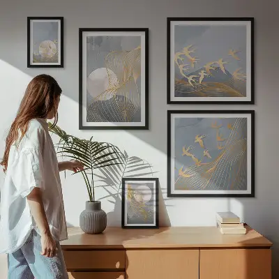 Modernes Wandbilder-Set mit abstrakten Wellen und Vögeln