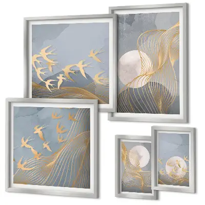 Modernes Wandbilder-Set mit abstrakten Wellen und Vögeln