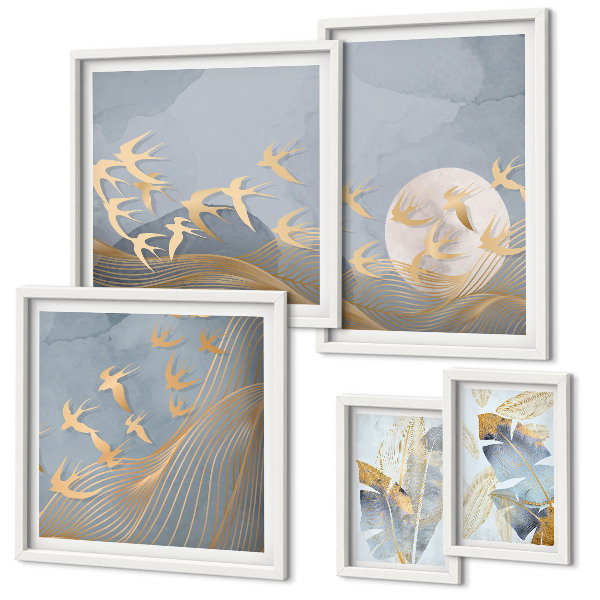 Bildergalerie-set für die wand Stilvolle Vögel lassen die Blätter grau erscheinen