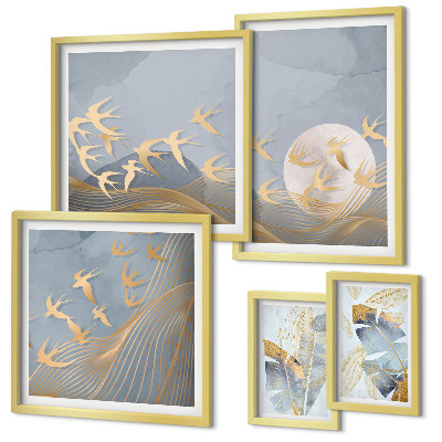Bildergalerie-set für die wand Stilvolle Vögel lassen die Blätter grau erscheinen