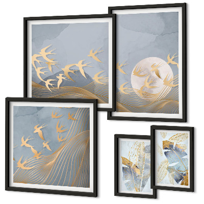 Bildergalerie-set für die wand Stilvolle Vögel lassen die Blätter grau erscheinen