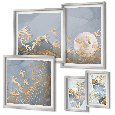 Bildergalerie-set für die wand Stilvolle Vögel lassen die Blätter grau erscheinen
