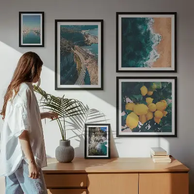Modernes Wandbilder-Set mit Strandlandschaften und Zitrusfrüchten
