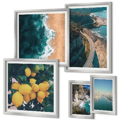 Modernes Wandbilder-Set mit Strandlandschaften und Zitrusfrüchten