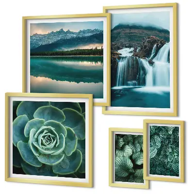 Bildergalerie-Set für die Wand mit Motiven von grünen Pflanzen, Wasserfällen und Natur