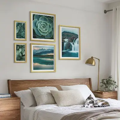 Bildergalerie-Set für die Wand mit Motiven von grünen Pflanzen, Wasserfällen und Natur