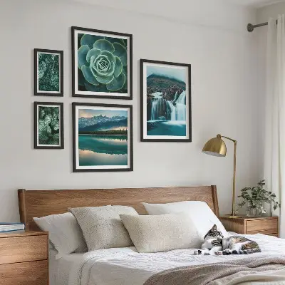 Bildergalerie-Set für die Wand mit Motiven von grünen Pflanzen, Wasserfällen und Natur