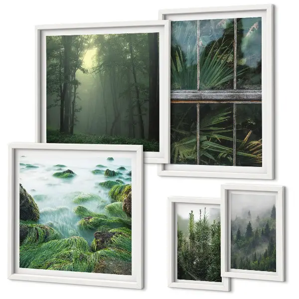 Modernes Wandbilderset mit grüner Naturlandschaft und Waldmotiven