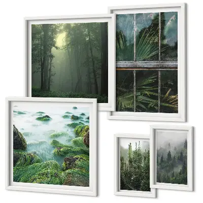 Modernes Wandbilderset mit grüner Naturlandschaft und Waldmotiven