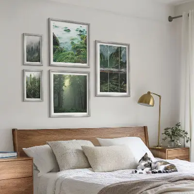 Modernes Wandbilderset mit grüner Naturlandschaft und Waldmotiven