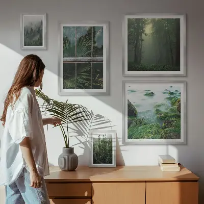 Modernes Wandbilderset mit grüner Naturlandschaft und Waldmotiven