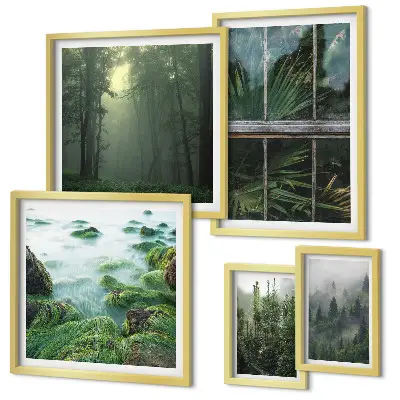 Modernes Wandbilderset mit grüner Naturlandschaft und Waldmotiven