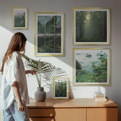 Modernes Wandbilderset mit grüner Naturlandschaft und Waldmotiven
