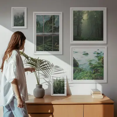 Modernes Wandbilderset mit grüner Naturlandschaft und Waldmotiven