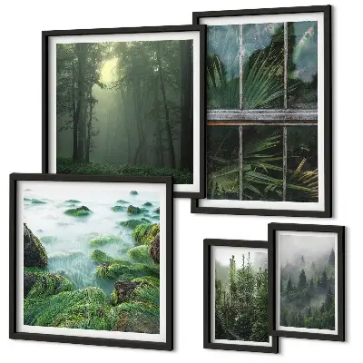 Modernes Wandbilderset mit grüner Naturlandschaft und Waldmotiven