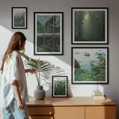 Modernes Wandbilderset mit grüner Naturlandschaft und Waldmotiven