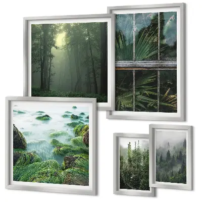 Modernes Wandbilderset mit grüner Naturlandschaft und Waldmotiven