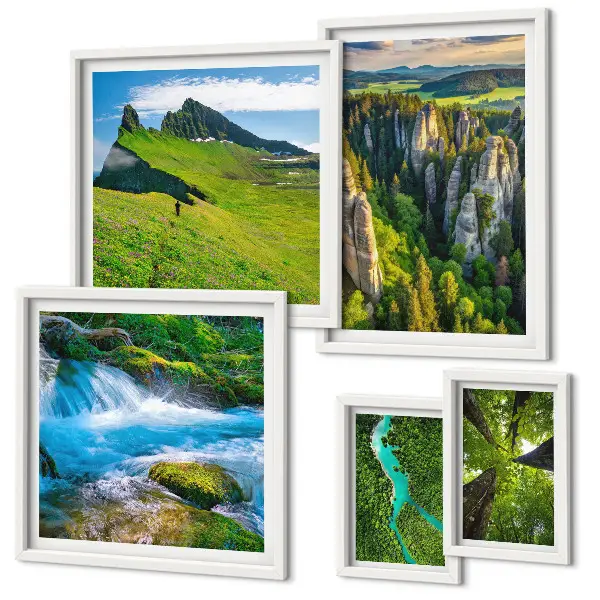 Modernes Wandbilder-Set mit Motiven von Landschaften mit Bergen, Flüssen und Wäldern