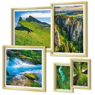 Modernes Wandbilder-Set mit Motiven von Landschaften mit Bergen, Flüssen und Wäldern