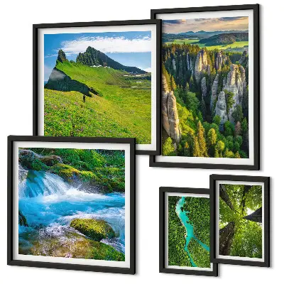 Modernes Wandbilder-Set mit Motiven von Landschaften mit Bergen, Flüssen und Wäldern