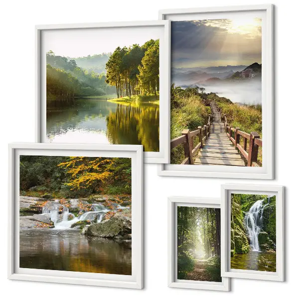 Modernes Wandbilder-Set mit Naturlandschaften, Wasserfällen und Waldwegen