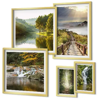 Modernes Wandbilder-Set mit Naturlandschaften, Wasserfällen und Waldwegen