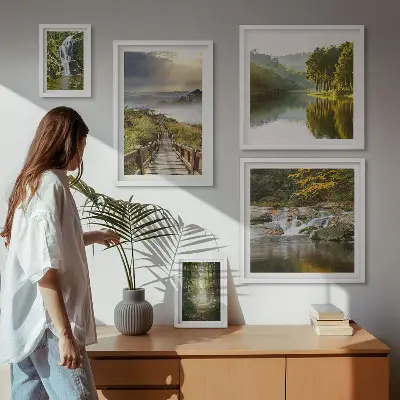 Modernes Wandbilder-Set mit Naturlandschaften, Wasserfällen und Waldwegen