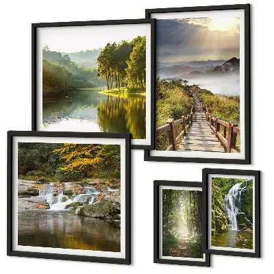 Modernes Wandbilder-Set mit Naturlandschaften, Wasserfällen und Waldwegen