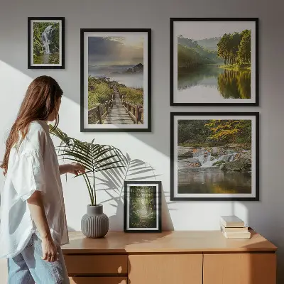 Modernes Wandbilder-Set mit Naturlandschaften, Wasserfällen und Waldwegen