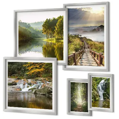 Modernes Wandbilder-Set mit Naturlandschaften, Wasserfällen und Waldwegen