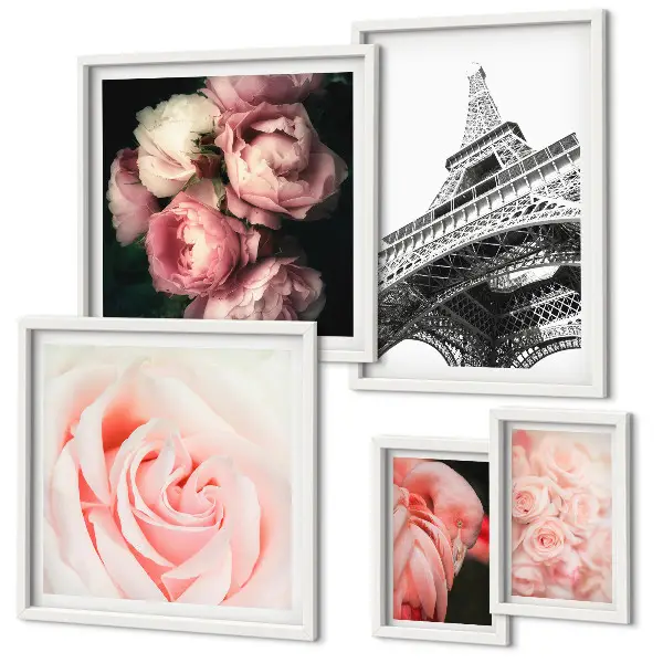 Bildergalerien-Set für die Wand Motiv mit Rosen, Eiffelturm und Romantik