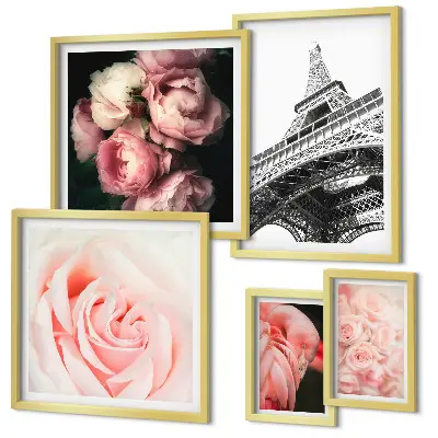 Bildergalerien-Set für die Wand Motiv mit Rosen, Eiffelturm und Romantik