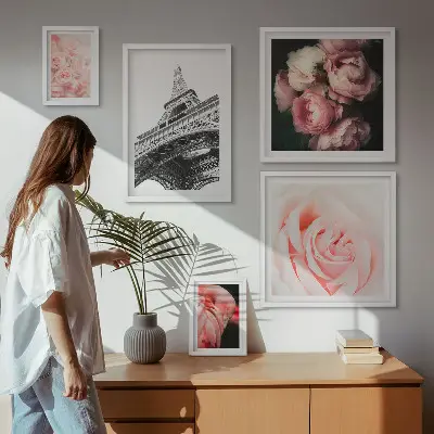Bildergalerien-Set für die Wand Motiv mit Rosen, Eiffelturm und Romantik