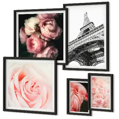 Bildergalerien-Set für die Wand Motiv mit Rosen, Eiffelturm und Romantik
