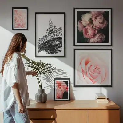 Bildergalerien-Set für die Wand Motiv mit Rosen, Eiffelturm und Romantik