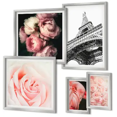 Bildergalerien-Set für die Wand Motiv mit Rosen, Eiffelturm und Romantik