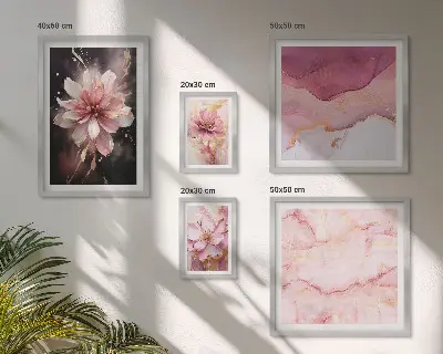 Modernes Wandbilder-Set mit rosa Blumenarrangements
