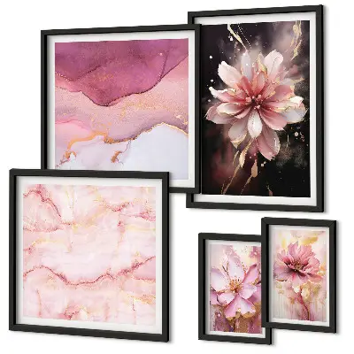 Modernes Wandbilder-Set mit rosa Blumenarrangements