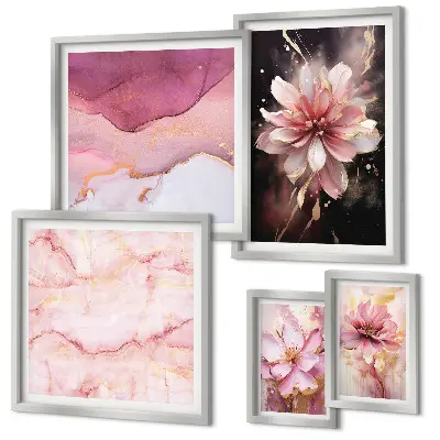 Modernes Wandbilder-Set mit rosa Blumenarrangements