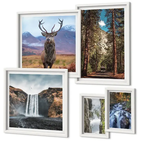 Modernes Wandbilder-Set mit Motiven von Landschaften, Wasserfällen und der Natur