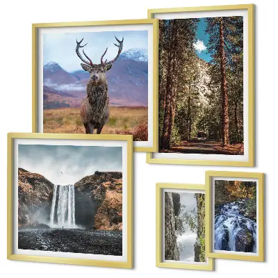 Modernes Wandbilder-Set mit Motiven von Landschaften, Wasserfällen und der Natur