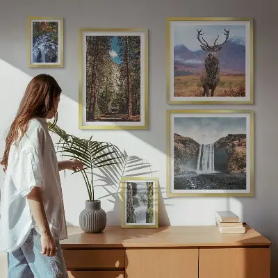 Modernes Wandbilder-Set mit Motiven von Landschaften, Wasserfällen und der Natur