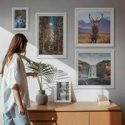 Modernes Wandbilder-Set mit Motiven von Landschaften, Wasserfällen und der Natur