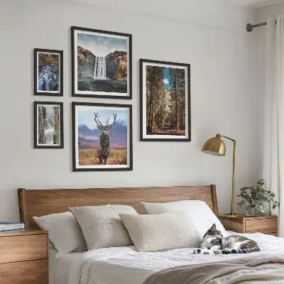 Modernes Wandbilder-Set mit Motiven von Landschaften, Wasserfällen und der Natur