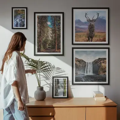 Modernes Wandbilder-Set mit Motiven von Landschaften, Wasserfällen und der Natur