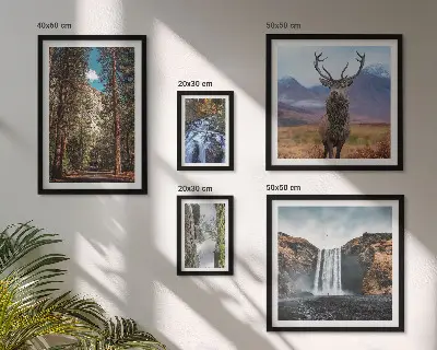Modernes Wandbilder-Set mit Motiven von Landschaften, Wasserfällen und der Natur