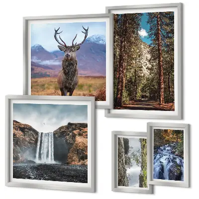 Modernes Wandbilder-Set mit Motiven von Landschaften, Wasserfällen und der Natur
