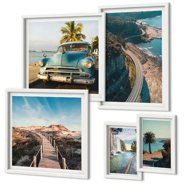 Modernes Wandbilder-Set mit Motiven aus Landschaften, Reisen, Autos und Natur