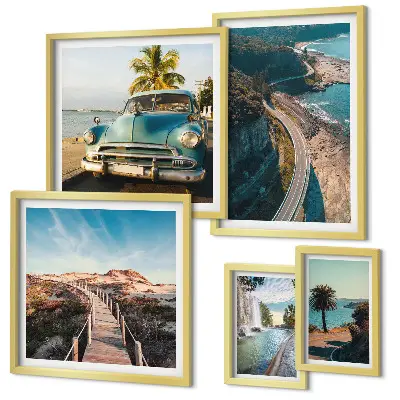 Modernes Wandbilder-Set mit Motiven aus Landschaften, Reisen, Autos und Natur